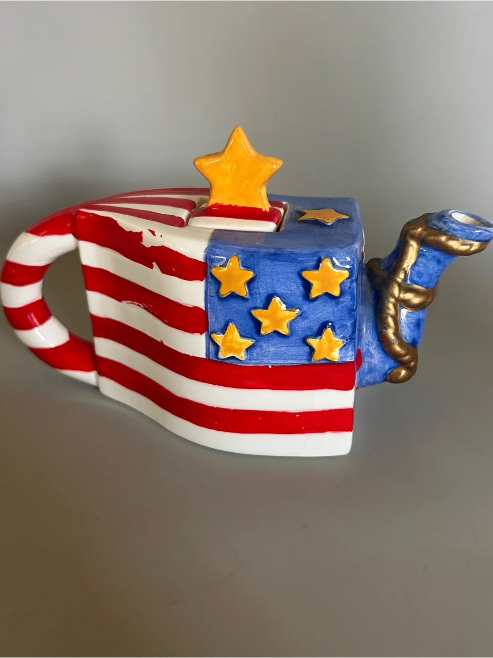Patriotic Mini Teapot Oneida Ceramic Stars Stripes‎ USA July 4th READ